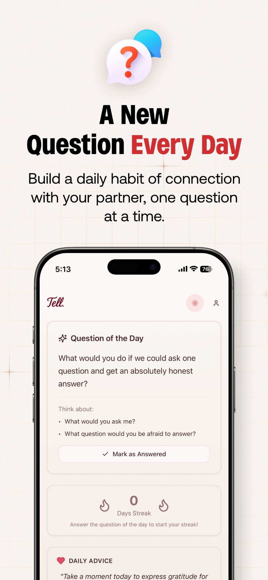 Daily question feature with streak counter