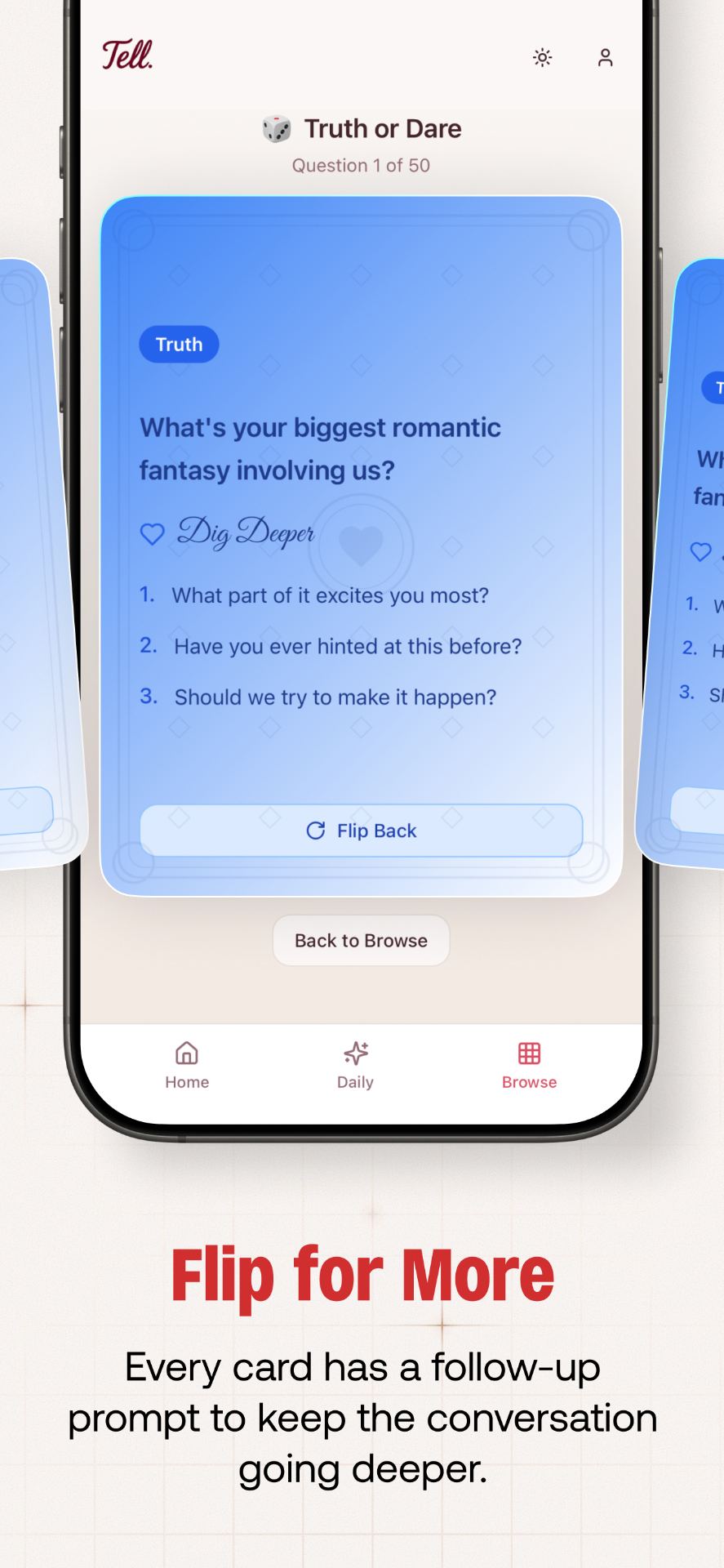 Flippable card showing follow-up prompts